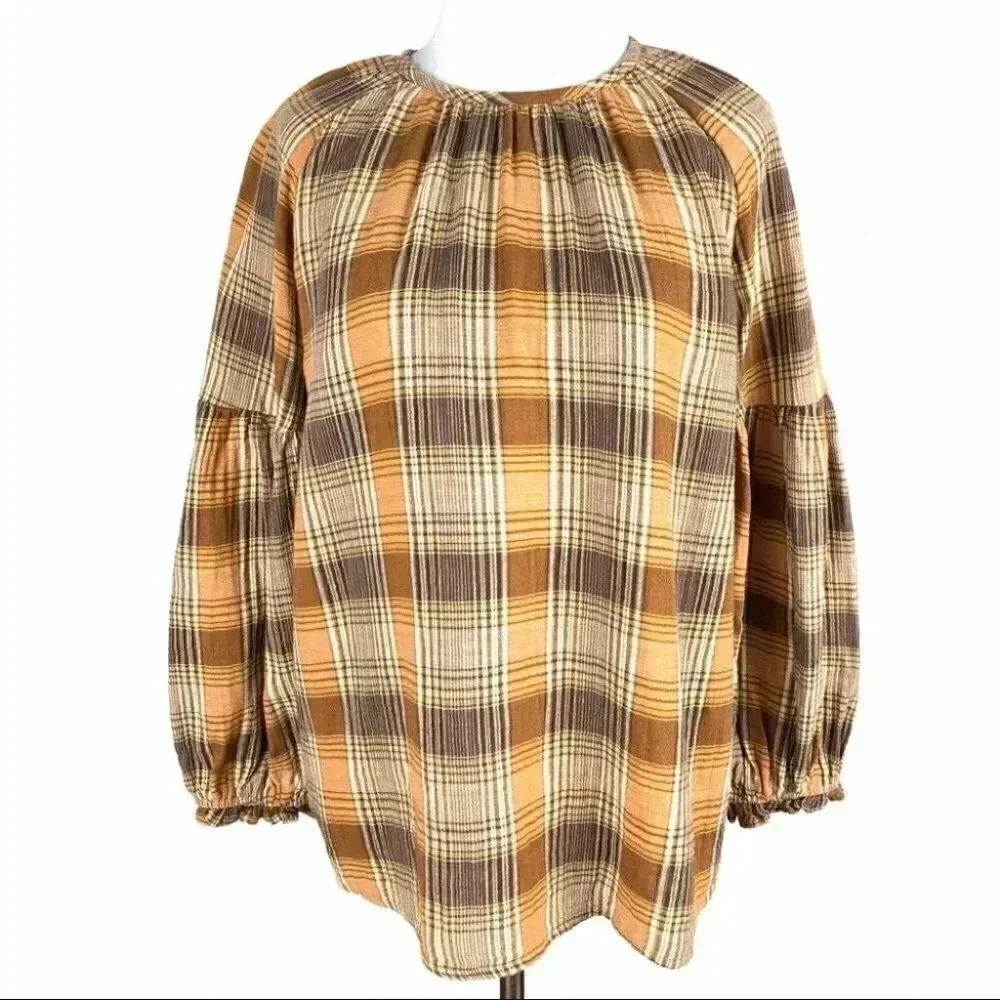 Universal Threads Womens Top Size S Brown Plaid Peasant Fall